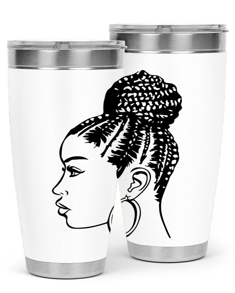 A stylish tumbler featuring a black woman with braids design, made from stainless steel with a copper lining.