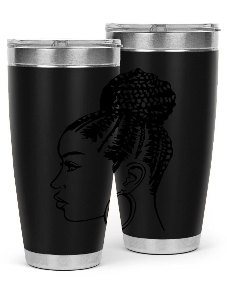 A stylish tumbler featuring a black woman with braids design, made from stainless steel with a copper lining.