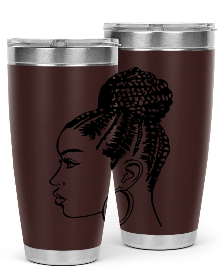 A stylish tumbler featuring a black woman with braids design, made from stainless steel with a copper lining.