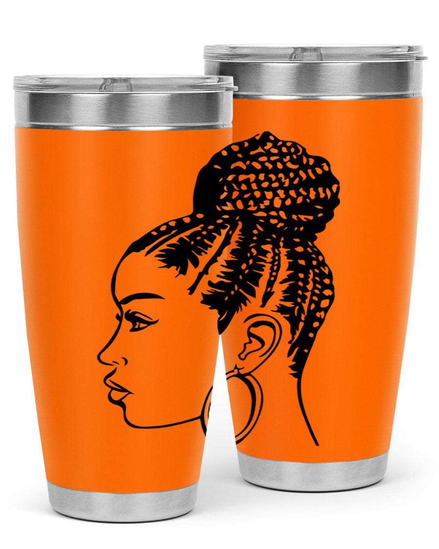 A stylish tumbler featuring a black woman with braids design, made from stainless steel with a copper lining.