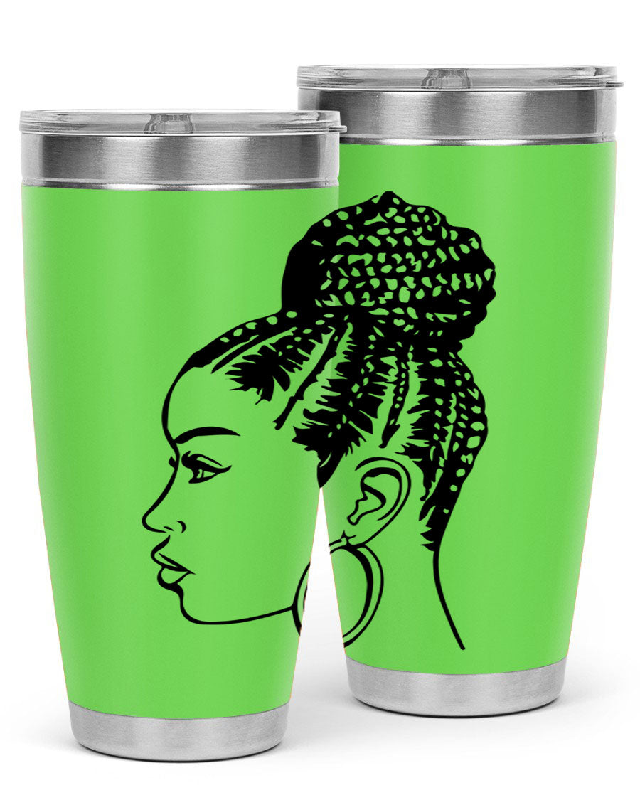 A stylish tumbler featuring a black woman with braids design, made from stainless steel with a copper lining.