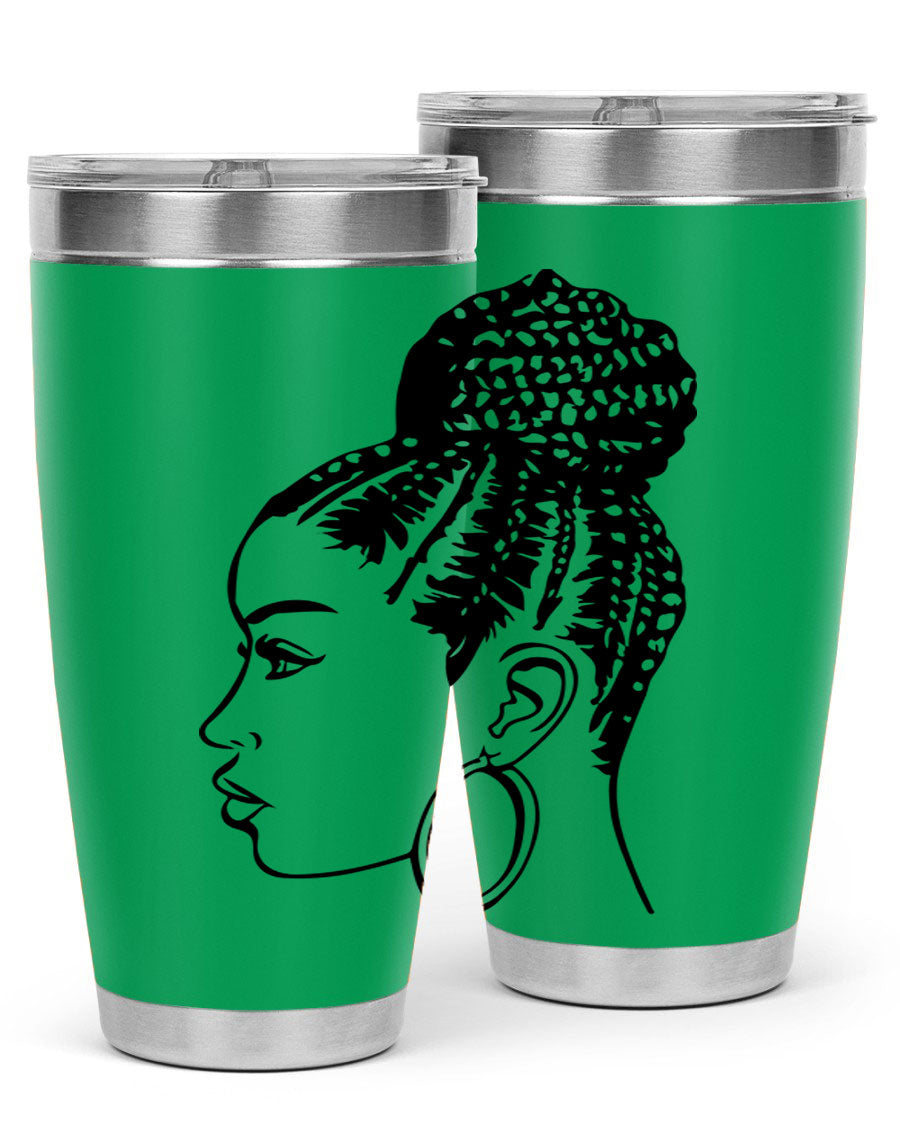 A stylish tumbler featuring a black woman with braids design, made from stainless steel with a copper lining.