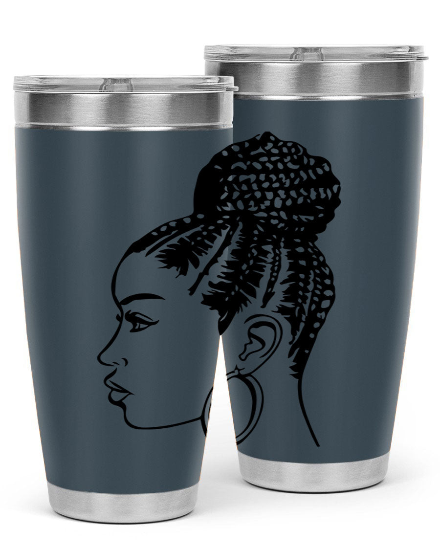 A stylish tumbler featuring a black woman with braids design, made from stainless steel with a copper lining.