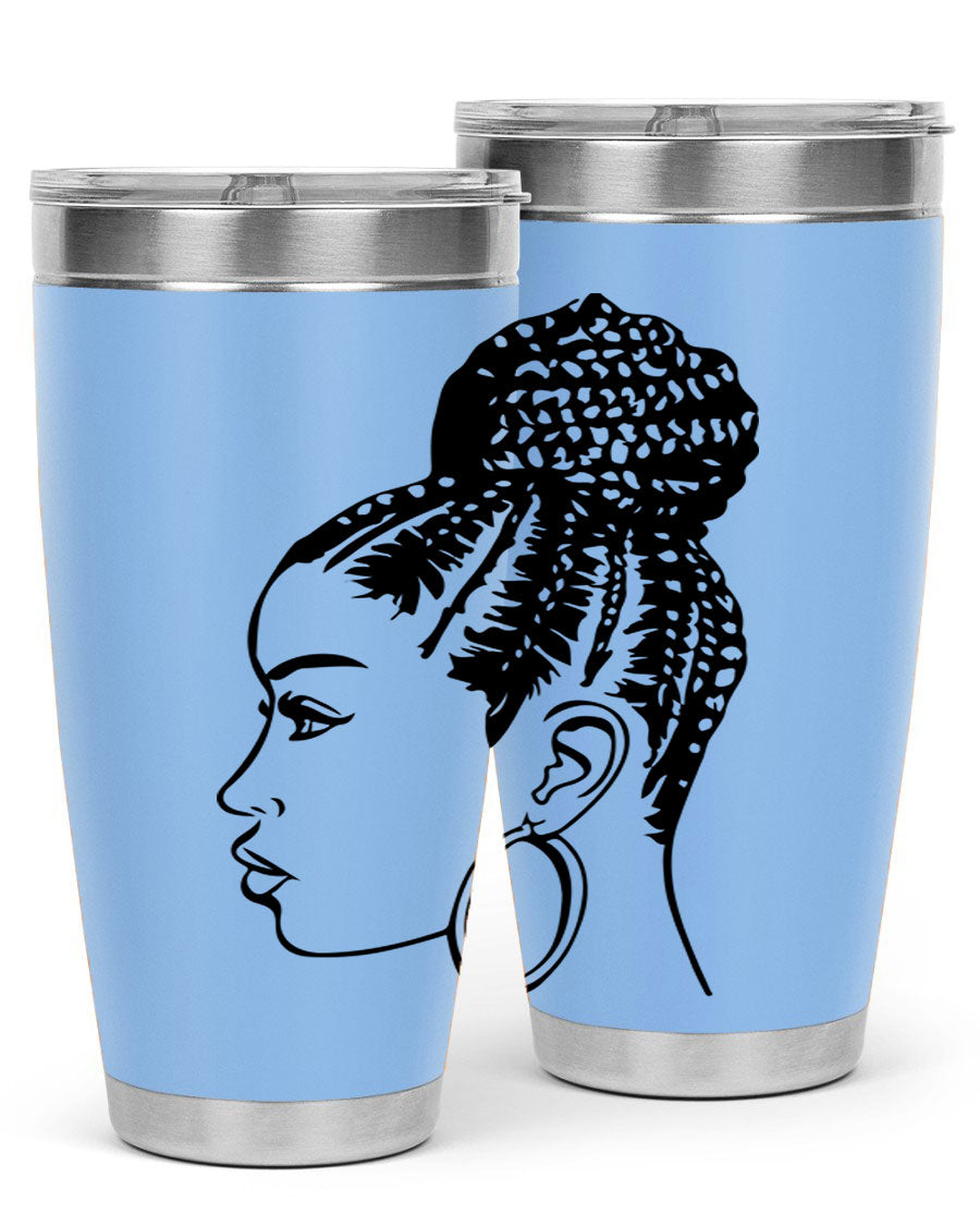 A stylish tumbler featuring a black woman with braids design, made from stainless steel with a copper lining.