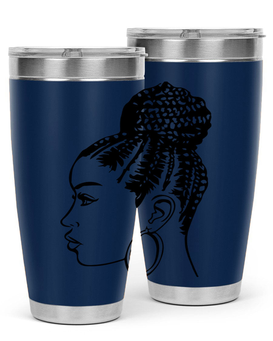 A stylish tumbler featuring a black woman with braids design, made from stainless steel with a copper lining.