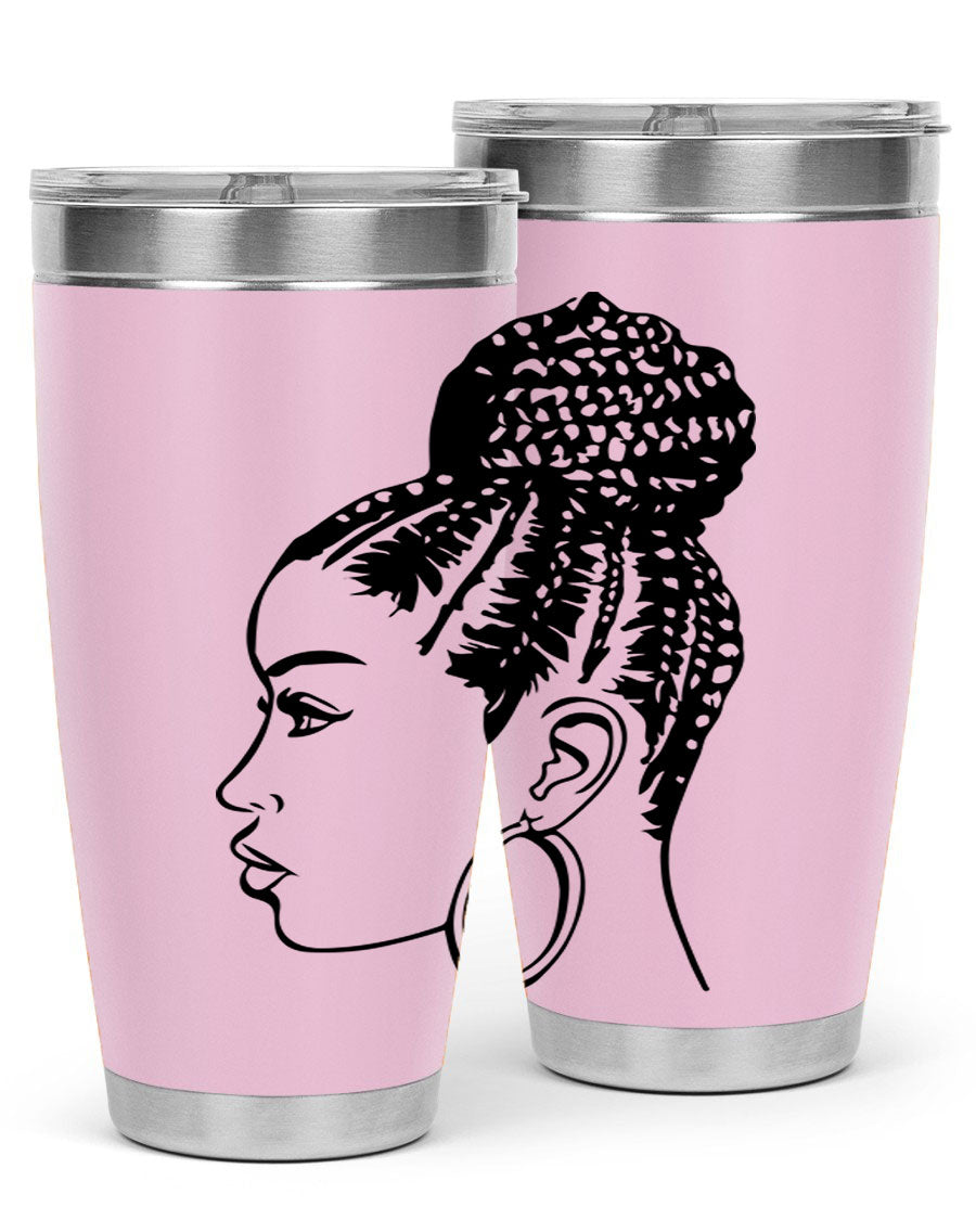 A stylish tumbler featuring a black woman with braids design, made from stainless steel with a copper lining.