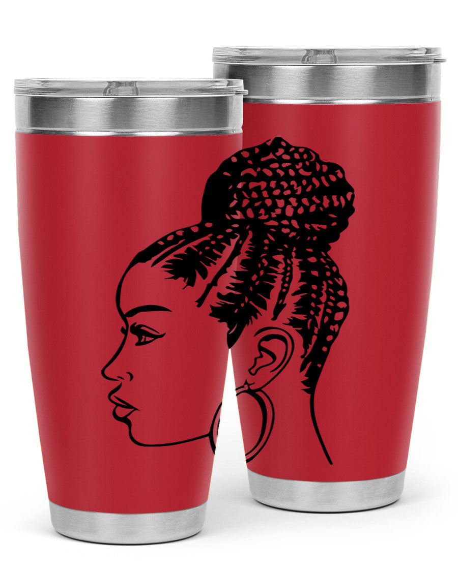 A stylish tumbler featuring a black woman with braids design, made from stainless steel with a copper lining.