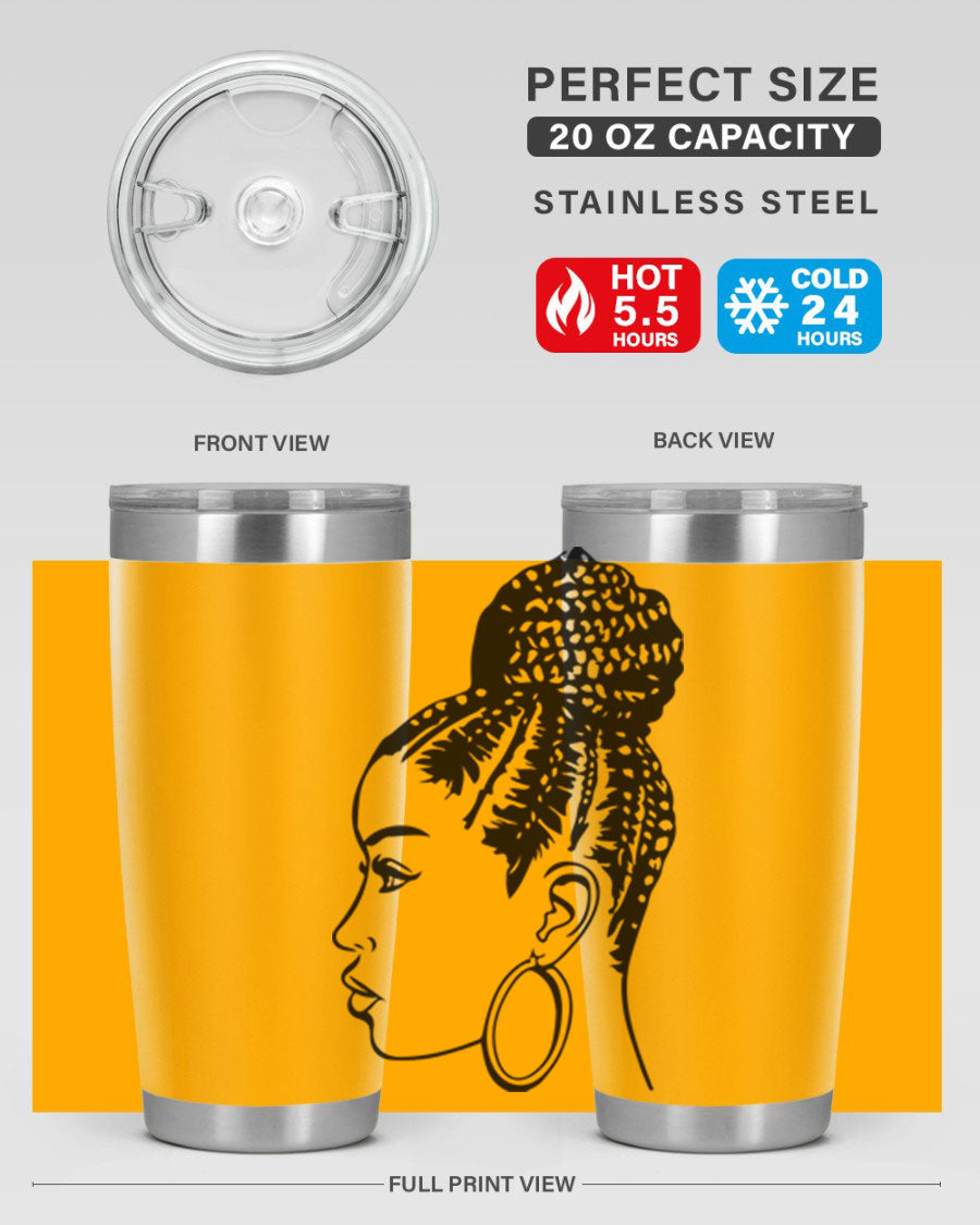 A stylish tumbler featuring a black woman with braids design, made from stainless steel with a copper lining.