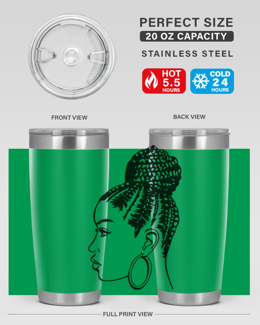 A stylish tumbler featuring a black woman with braids design, made from stainless steel with a copper lining.