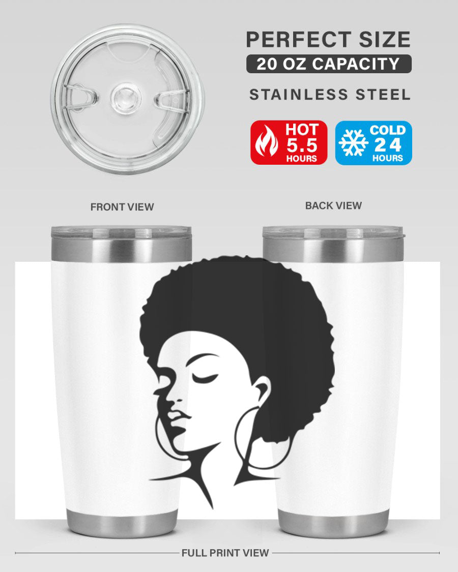 Black Women - Queen Tumbler in 20oz and 30oz sizes, showcasing double wall vacuum stainless steel design with a stylish print.