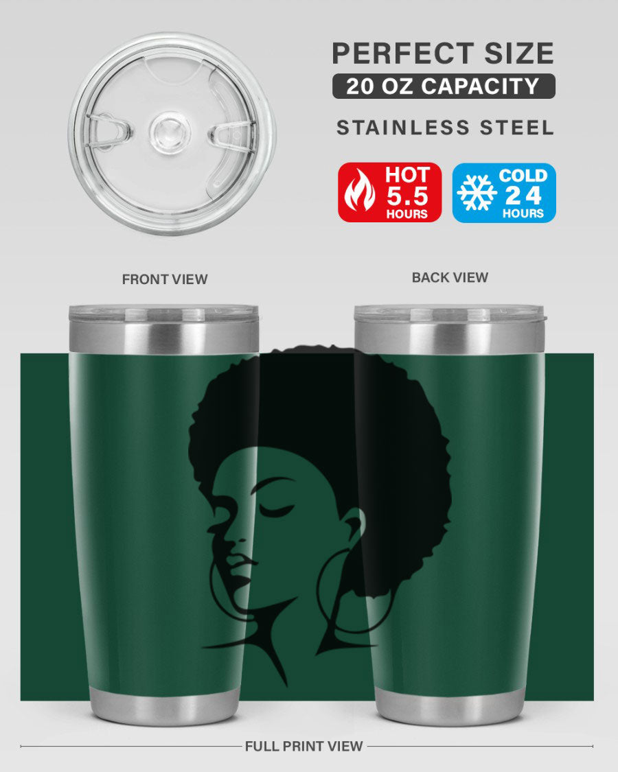 Black Women - Queen Tumbler in 20oz and 30oz sizes, showcasing double wall vacuum stainless steel design with a stylish print.