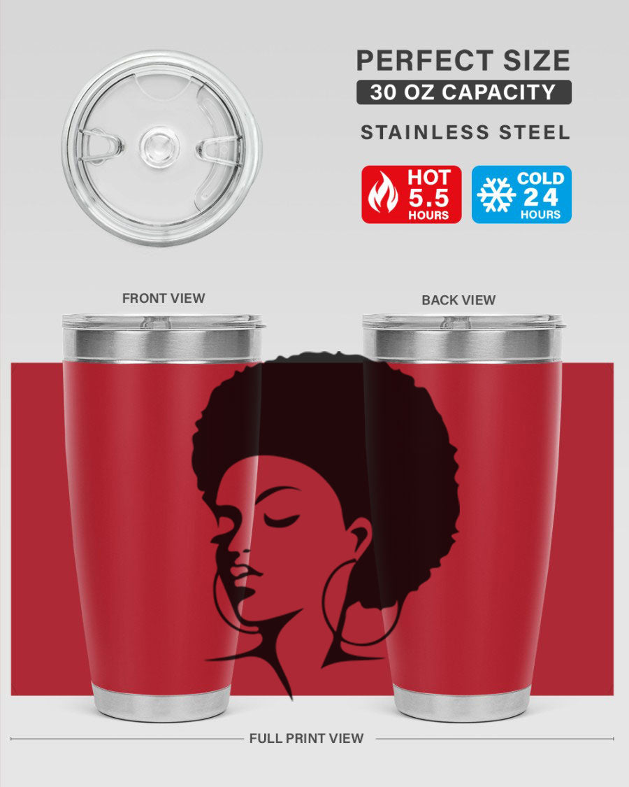 Black Women - Queen Tumbler in 20oz and 30oz sizes, showcasing double wall vacuum stainless steel design with a stylish print.