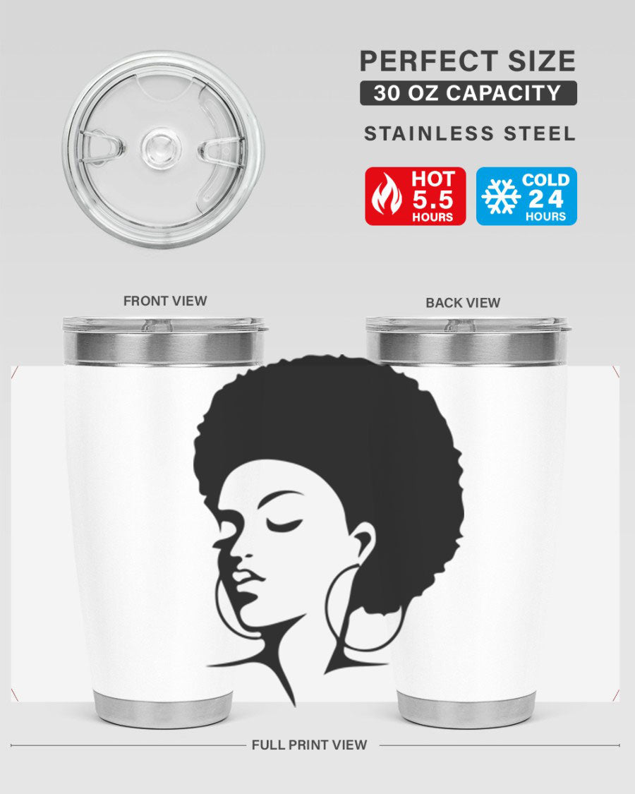 Black Women - Queen Tumbler in 20oz and 30oz sizes, showcasing double wall vacuum stainless steel design with a stylish print.