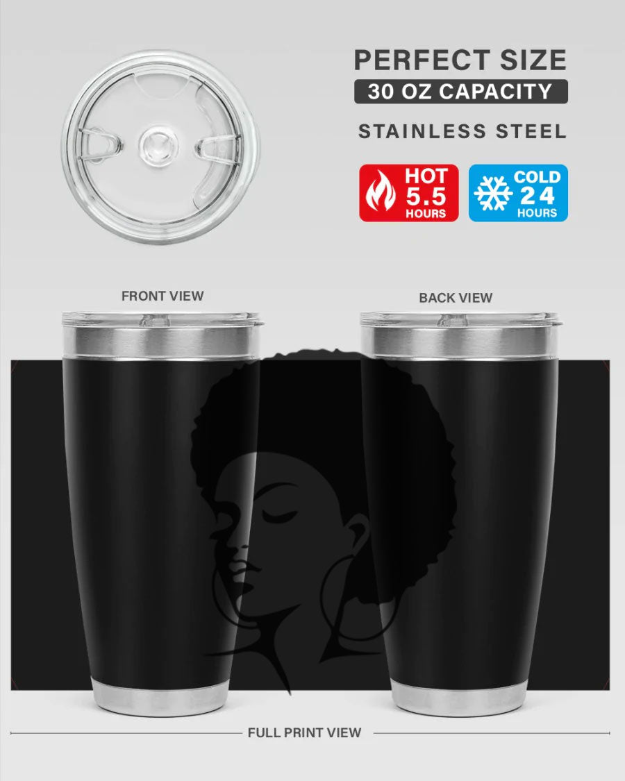 Black Women - Queen Tumbler in 20oz and 30oz sizes, showcasing double wall vacuum stainless steel design with a stylish print.