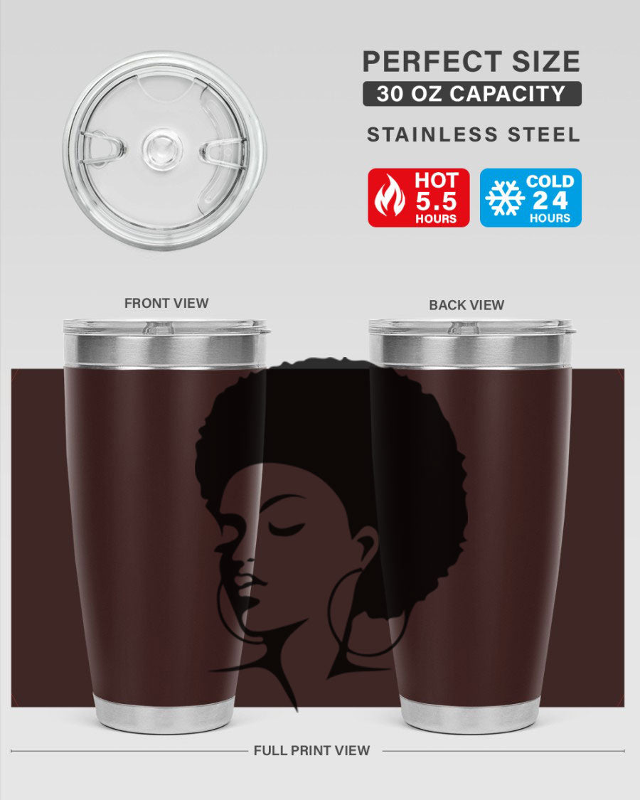 Black Women - Queen Tumbler in 20oz and 30oz sizes, showcasing double wall vacuum stainless steel design with a stylish print.