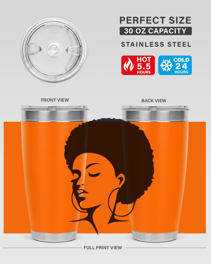 Black Women - Queen Tumbler in 20oz and 30oz sizes, showcasing double wall vacuum stainless steel design with a stylish print.