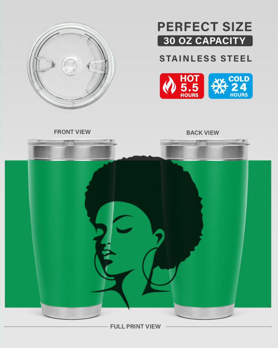 Black Women - Queen Tumbler in 20oz and 30oz sizes, showcasing double wall vacuum stainless steel design with a stylish print.