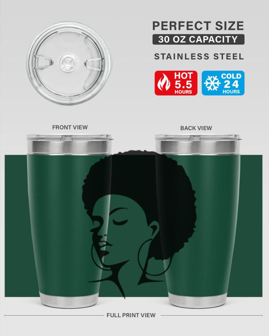 Black Women - Queen Tumbler in 20oz and 30oz sizes, showcasing double wall vacuum stainless steel design with a stylish print.