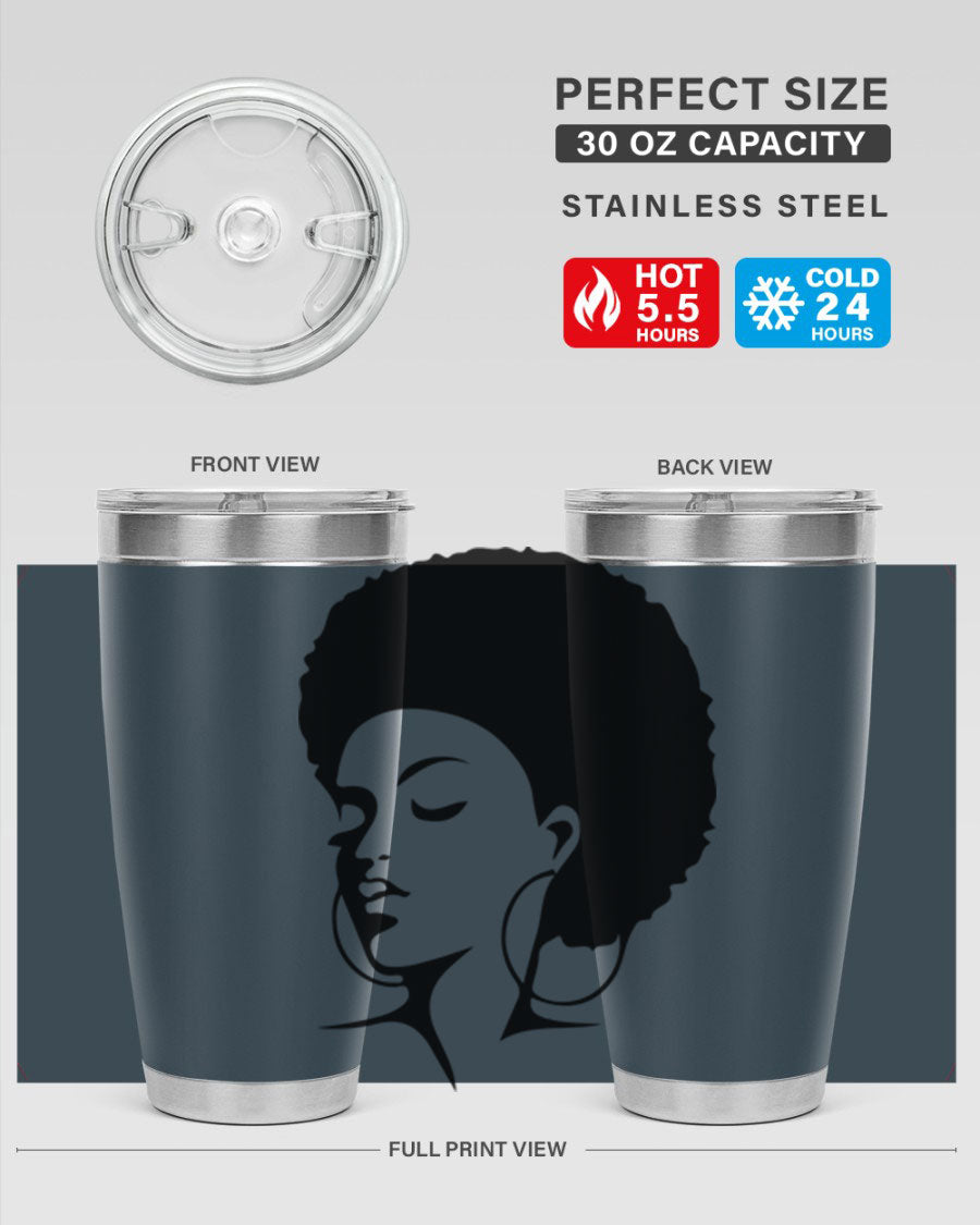 Black Women - Queen Tumbler in 20oz and 30oz sizes, showcasing double wall vacuum stainless steel design with a stylish print.