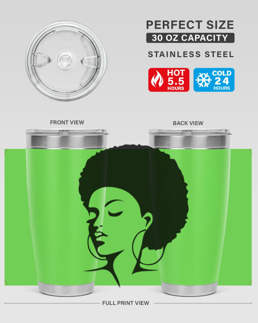 Black Women - Queen Tumbler in 20oz and 30oz sizes, showcasing double wall vacuum stainless steel design with a stylish print.