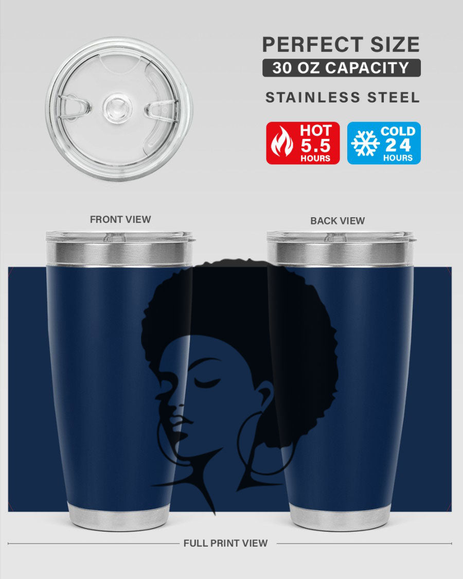 Black Women - Queen Tumbler in 20oz and 30oz sizes, showcasing double wall vacuum stainless steel design with a stylish print.