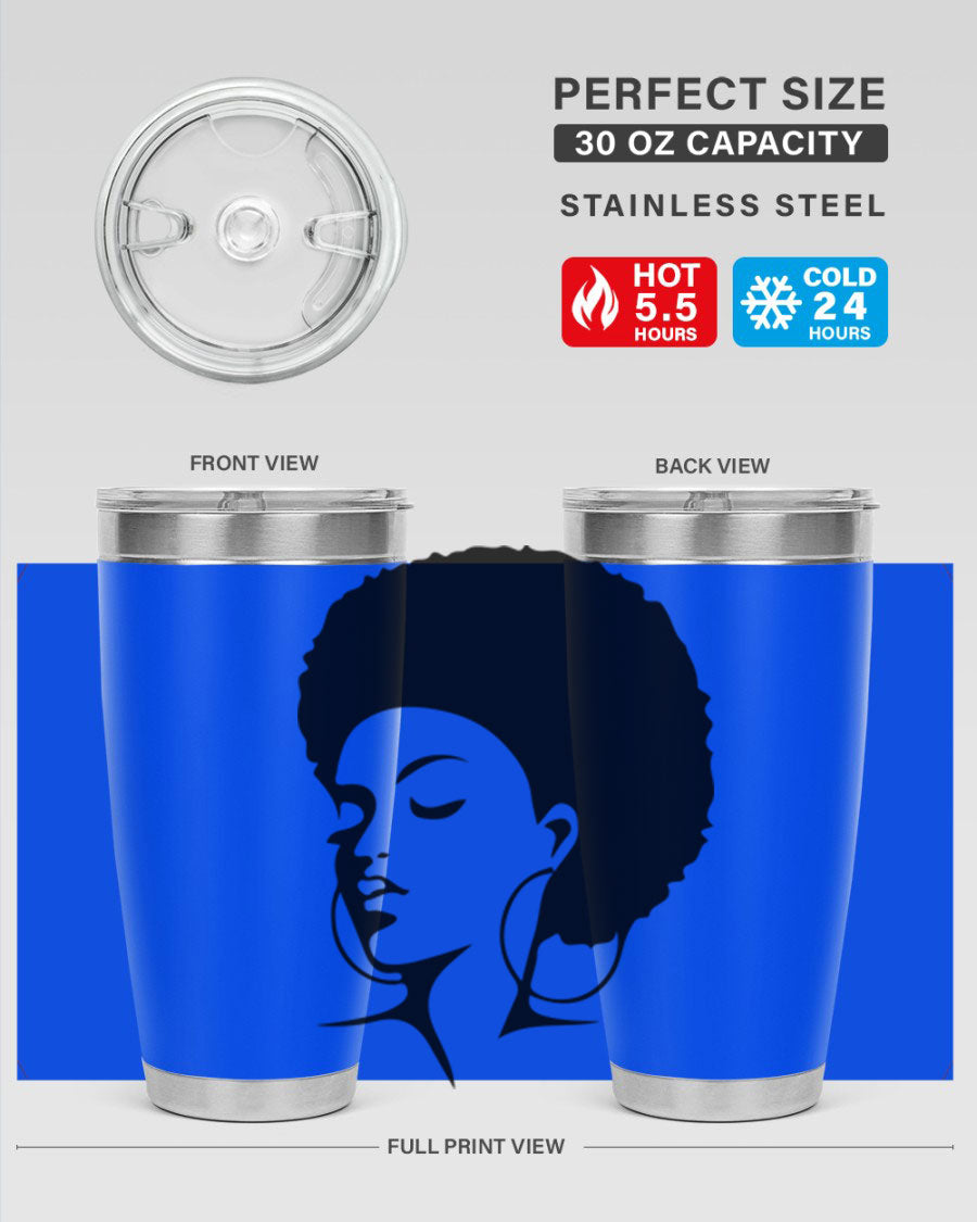 Black Women - Queen Tumbler in 20oz and 30oz sizes, showcasing double wall vacuum stainless steel design with a stylish print.