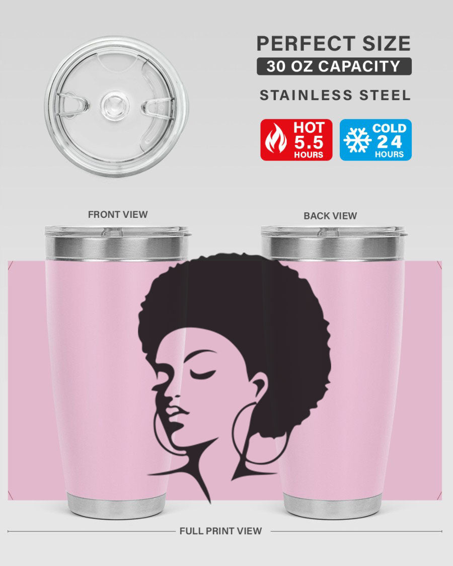 Black Women - Queen Tumbler in 20oz and 30oz sizes, showcasing double wall vacuum stainless steel design with a stylish print.