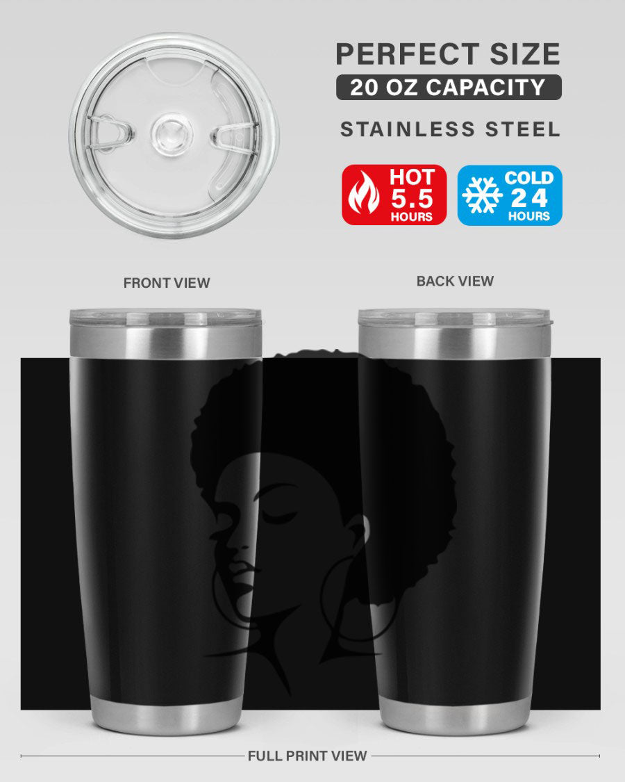 Black Women - Queen Tumbler in 20oz and 30oz sizes, showcasing double wall vacuum stainless steel design with a stylish print.