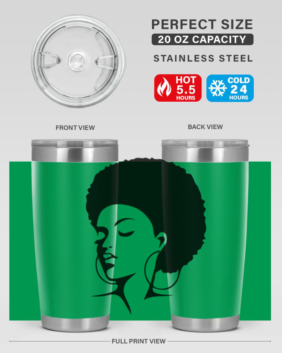 Black Women - Queen Tumbler in 20oz and 30oz sizes, showcasing double wall vacuum stainless steel design with a stylish print.