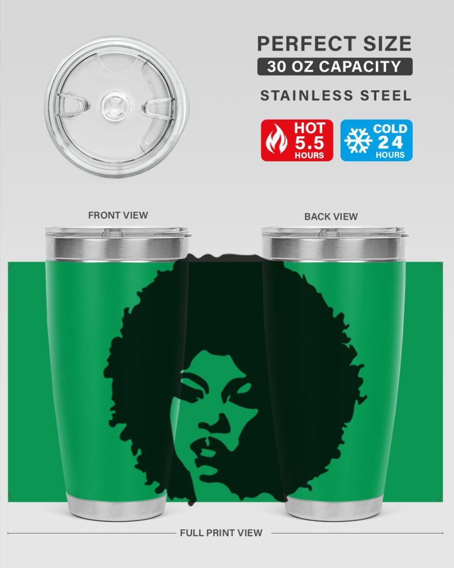 Black women - queen tumbler in 20oz and 30oz sizes, showcasing double wall vacuum stainless steel design with copper lining.