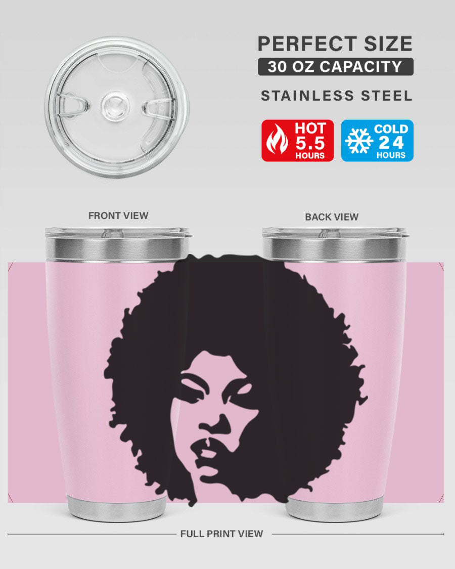 Black women - queen tumbler in 20oz and 30oz sizes, showcasing double wall vacuum stainless steel design with copper lining.