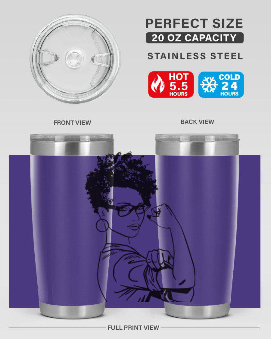 A stylish black women - queen tumbler in 20oz and 30oz sizes, showcasing a sleek stainless steel design with a vibrant print.