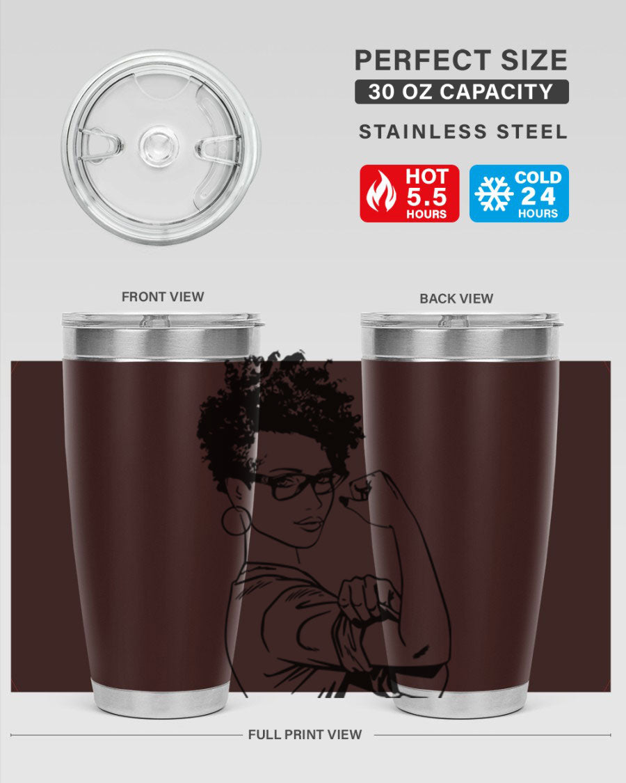 A stylish black women - queen tumbler in 20oz and 30oz sizes, showcasing a sleek stainless steel design with a vibrant print.