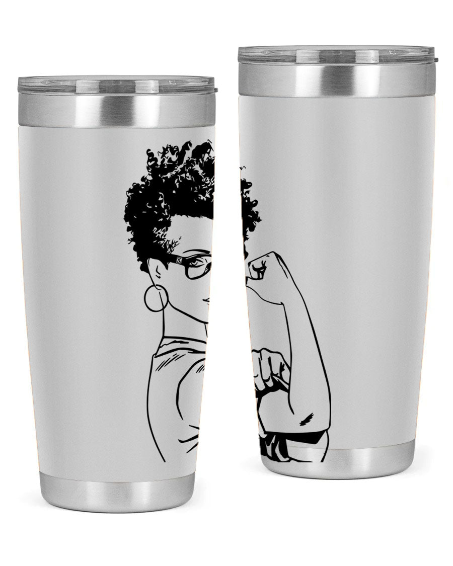 A stylish black women - queen tumbler in 20oz and 30oz sizes, showcasing a sleek stainless steel design with a vibrant print.