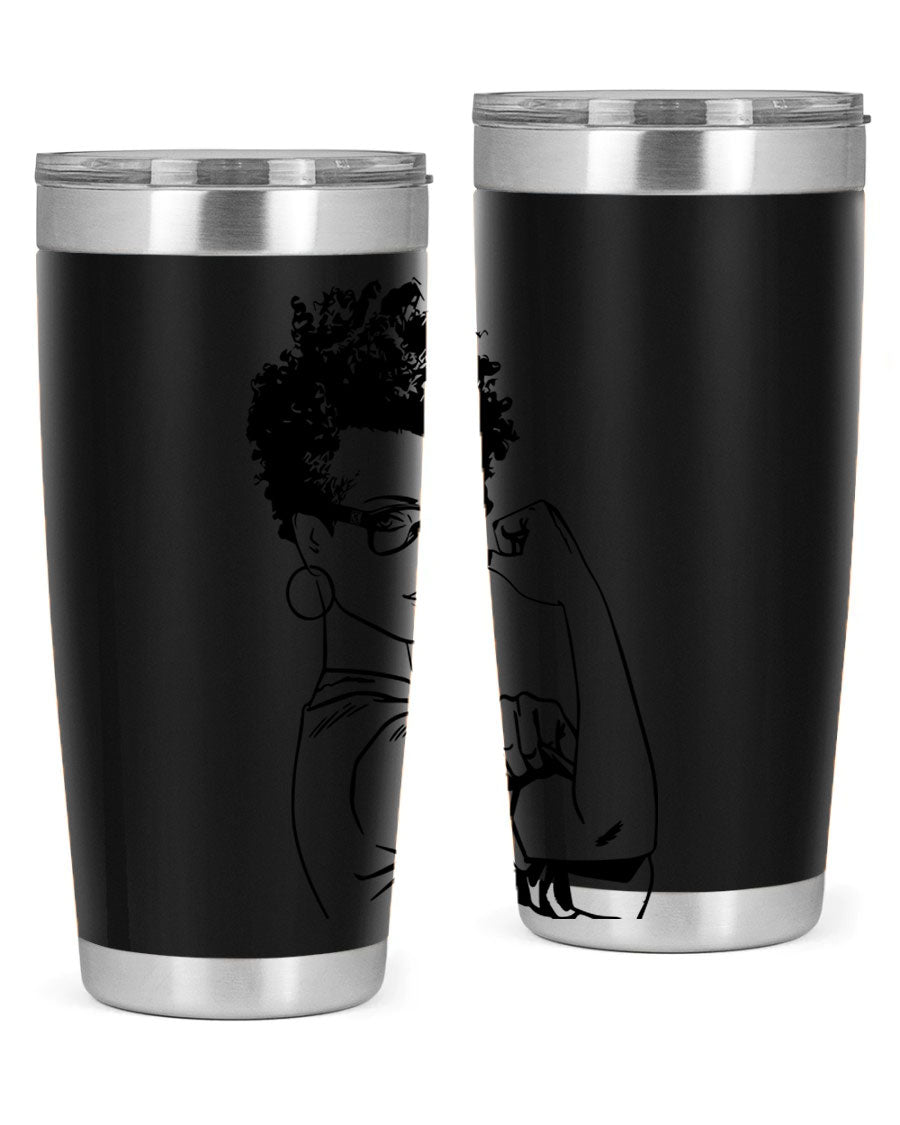 A stylish black women - queen tumbler in 20oz and 30oz sizes, showcasing a sleek stainless steel design with a vibrant print.