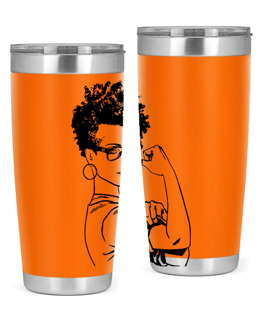 A stylish black women - queen tumbler in 20oz and 30oz sizes, showcasing a sleek stainless steel design with a vibrant print.