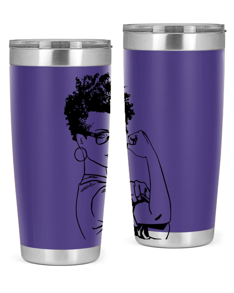 A stylish black women - queen tumbler in 20oz and 30oz sizes, showcasing a sleek stainless steel design with a vibrant print.