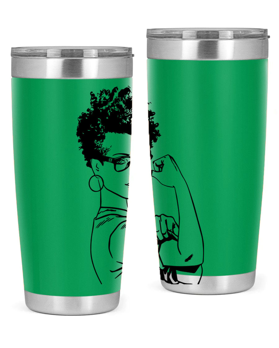 A stylish black women - queen tumbler in 20oz and 30oz sizes, showcasing a sleek stainless steel design with a vibrant print.