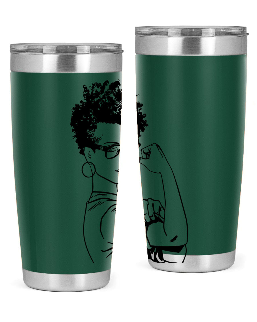 A stylish black women - queen tumbler in 20oz and 30oz sizes, showcasing a sleek stainless steel design with a vibrant print.