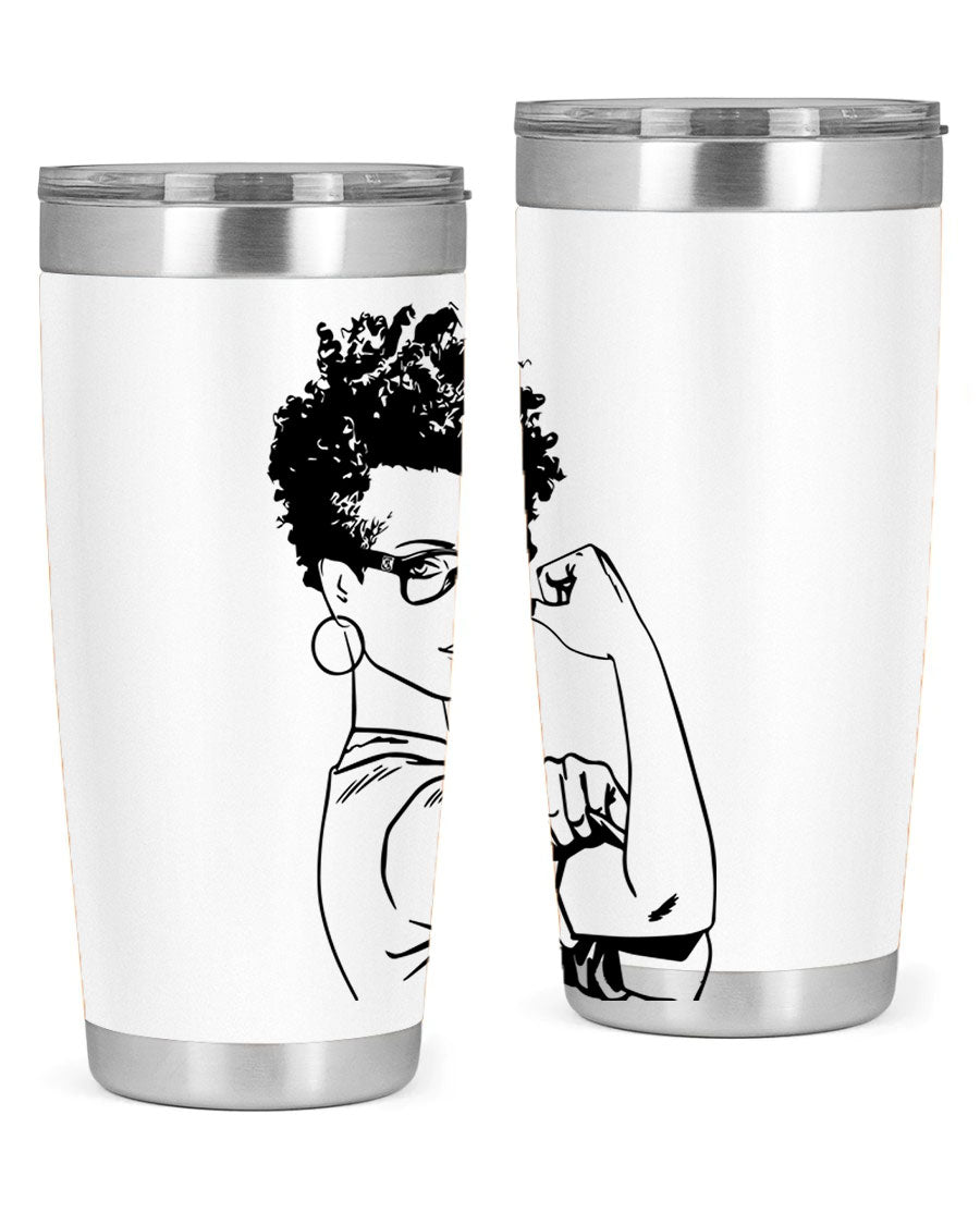 A stylish black women - queen tumbler in 20oz and 30oz sizes, showcasing a sleek stainless steel design with a vibrant print.