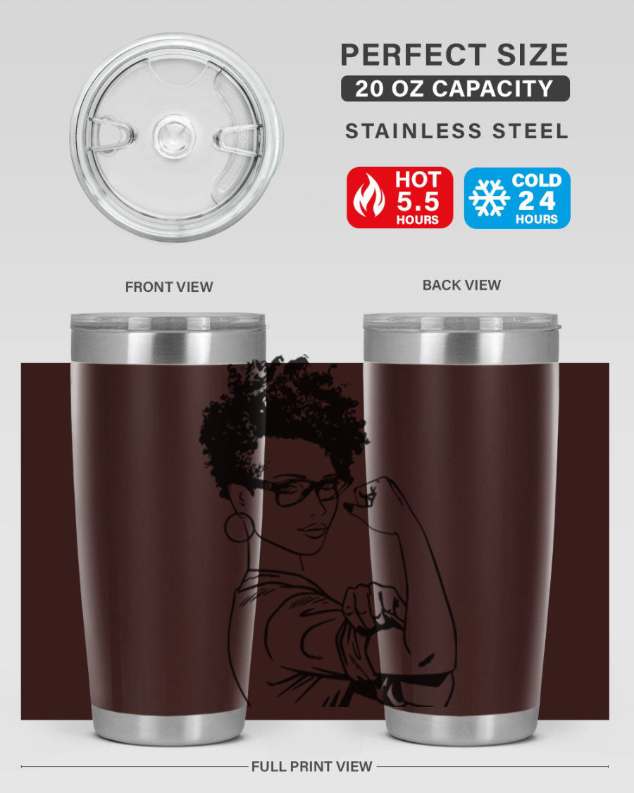 A stylish black women - queen tumbler in 20oz and 30oz sizes, showcasing a sleek stainless steel design with a vibrant print.