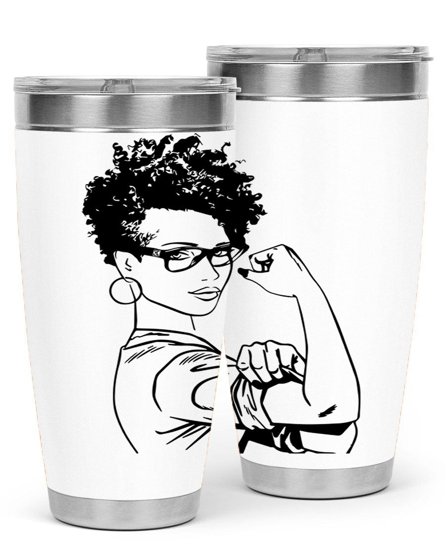 A stylish black women - queen tumbler in 20oz and 30oz sizes, showcasing a sleek stainless steel design with a vibrant print.