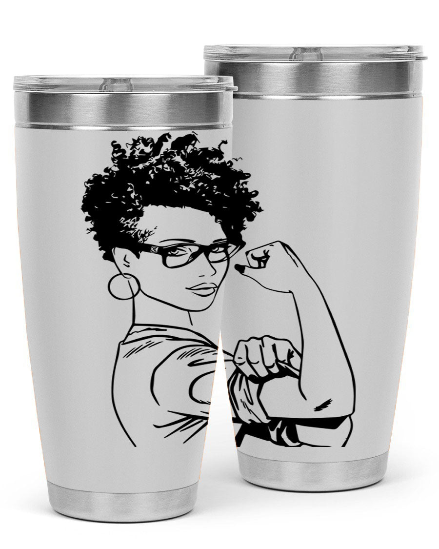 A stylish black women - queen tumbler in 20oz and 30oz sizes, showcasing a sleek stainless steel design with a vibrant print.