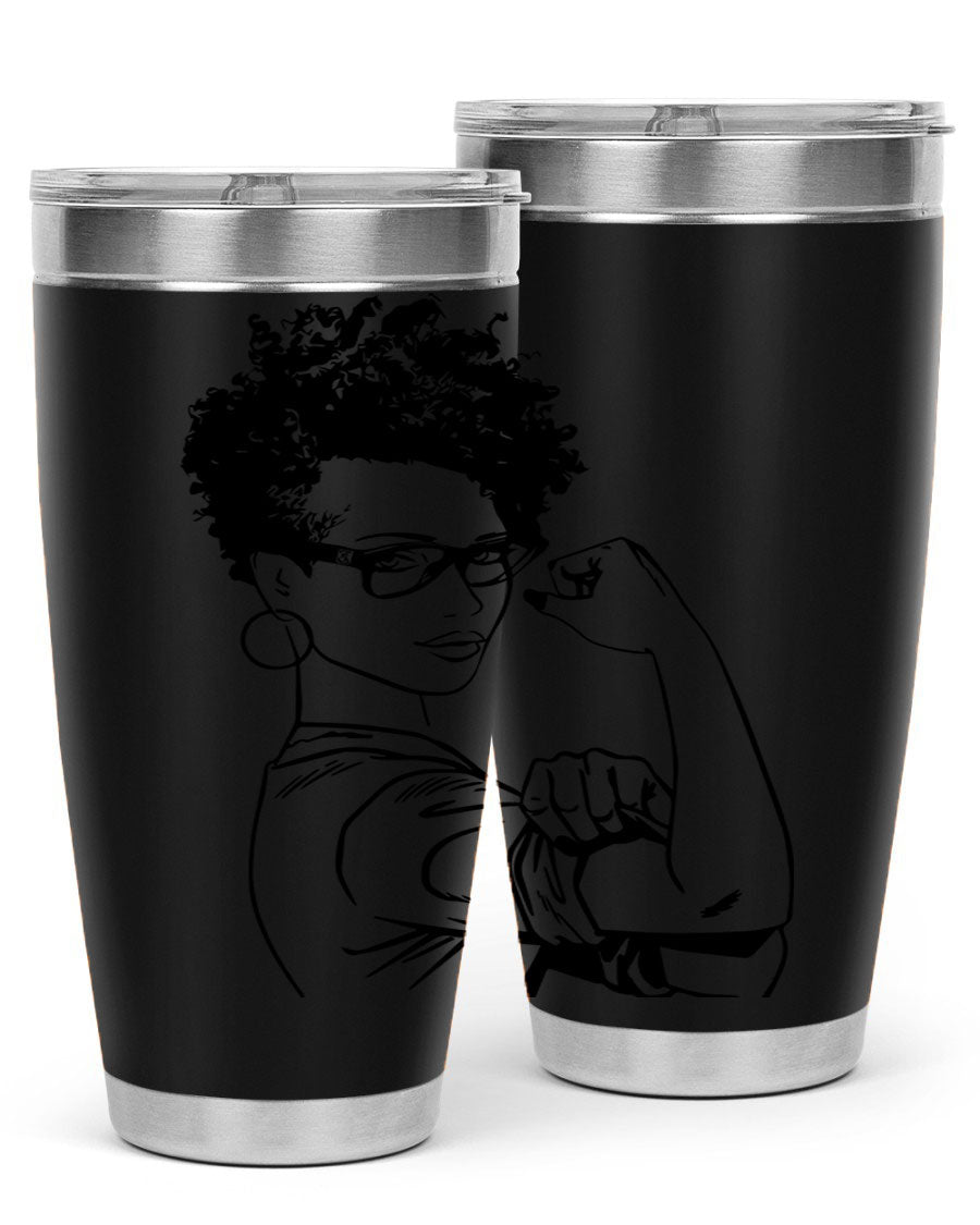 A stylish black women - queen tumbler in 20oz and 30oz sizes, showcasing a sleek stainless steel design with a vibrant print.