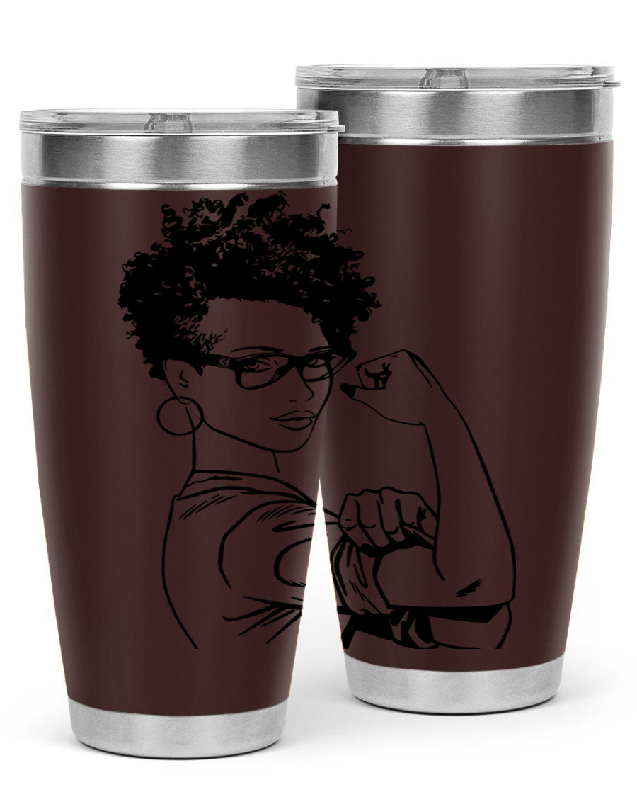 A stylish black women - queen tumbler in 20oz and 30oz sizes, showcasing a sleek stainless steel design with a vibrant print.