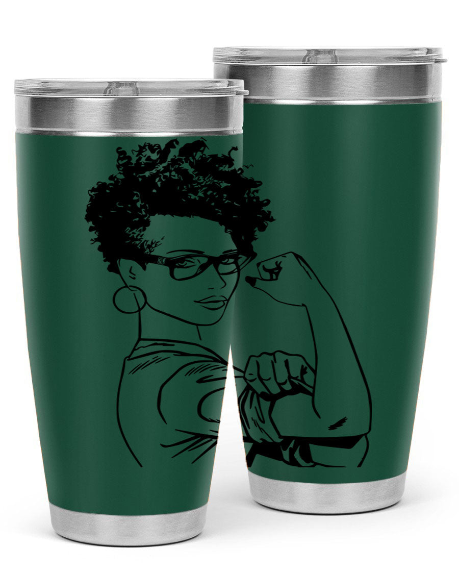 A stylish black women - queen tumbler in 20oz and 30oz sizes, showcasing a sleek stainless steel design with a vibrant print.