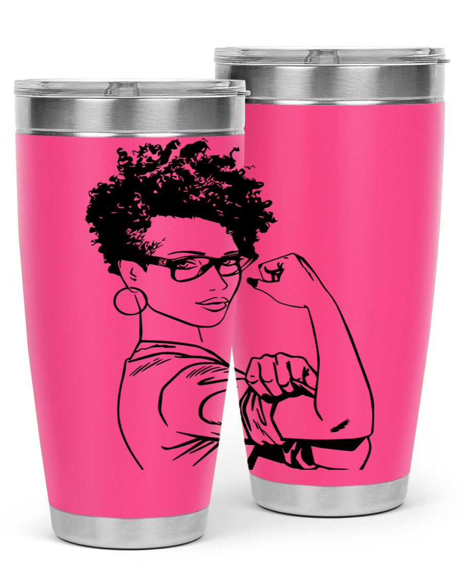 A stylish black women - queen tumbler in 20oz and 30oz sizes, showcasing a sleek stainless steel design with a vibrant print.