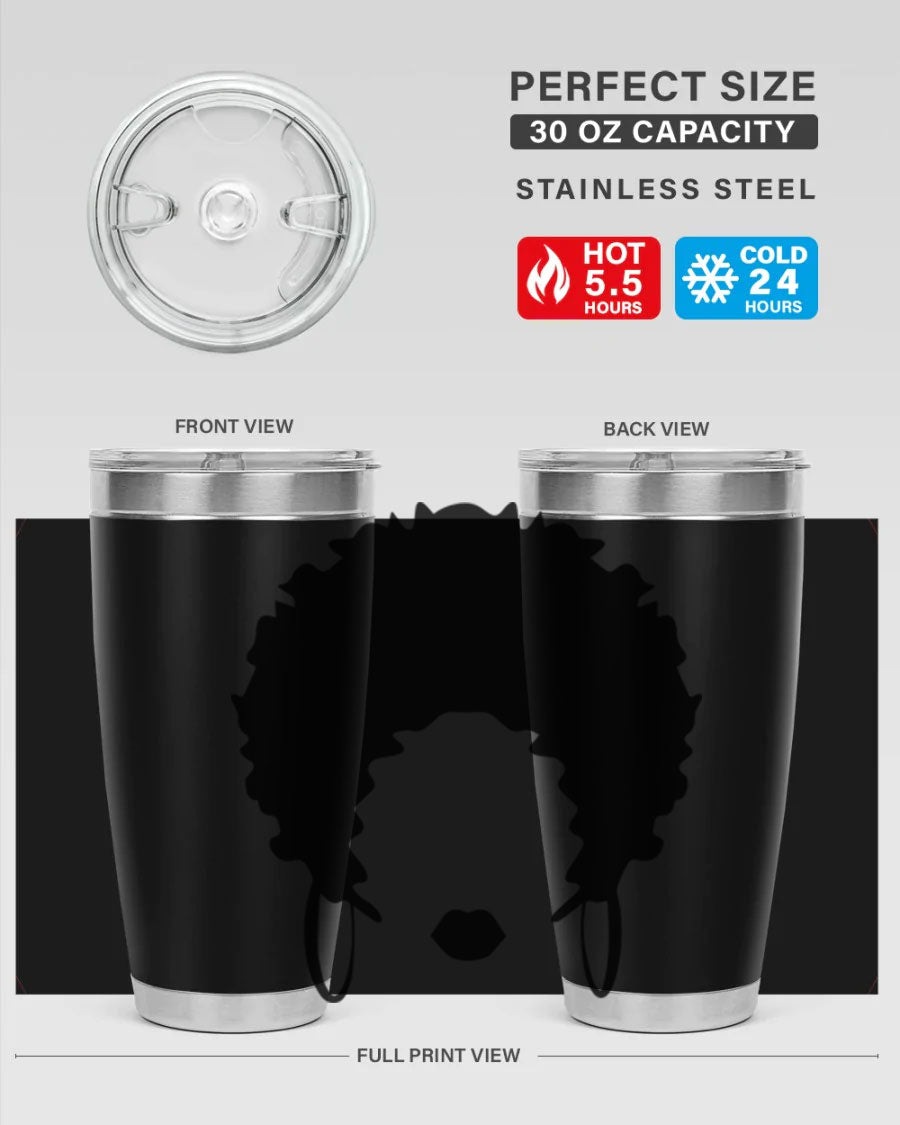 Black women queen-themed tumbler, available in 20oz and 30oz sizes, featuring a sleek stainless steel design.