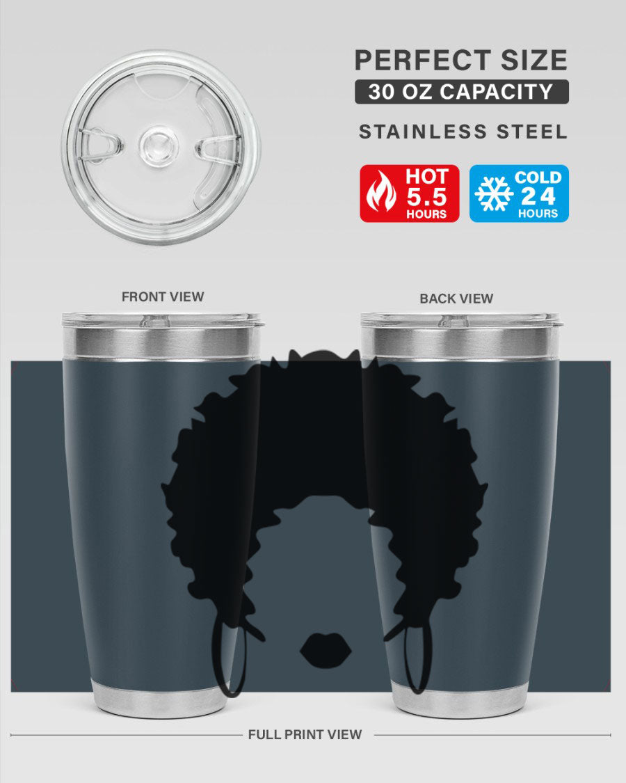 Black women queen-themed tumbler, available in 20oz and 30oz sizes, featuring a sleek stainless steel design.