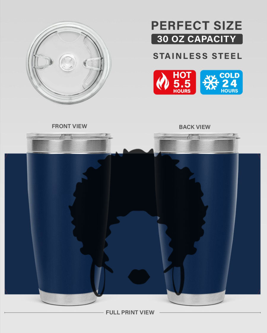 Black women queen-themed tumbler, available in 20oz and 30oz sizes, featuring a sleek stainless steel design.